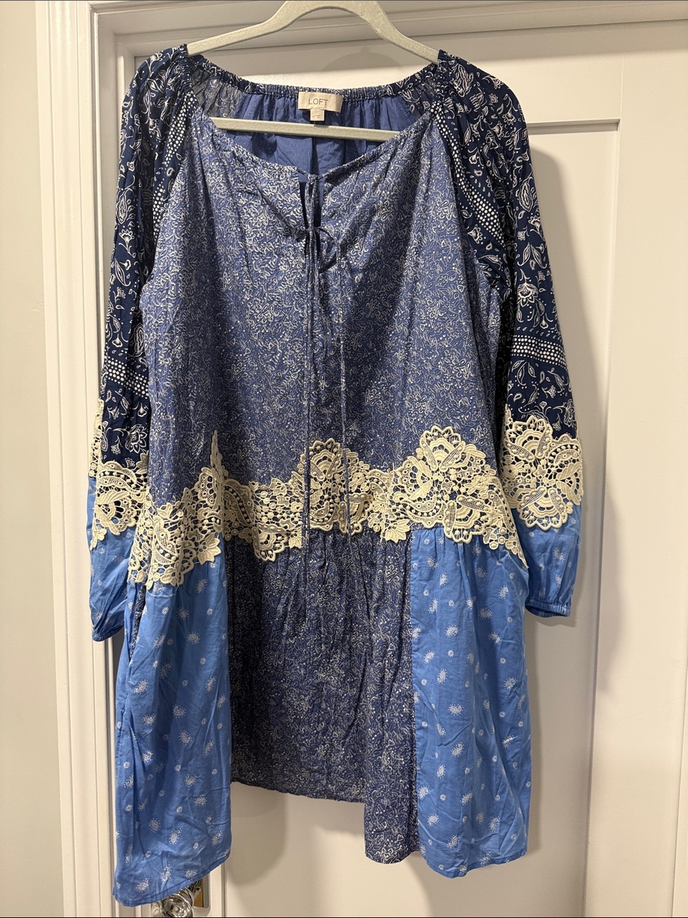 LOFT Blue Mixed-Print Peasant Dress with Cream Lace